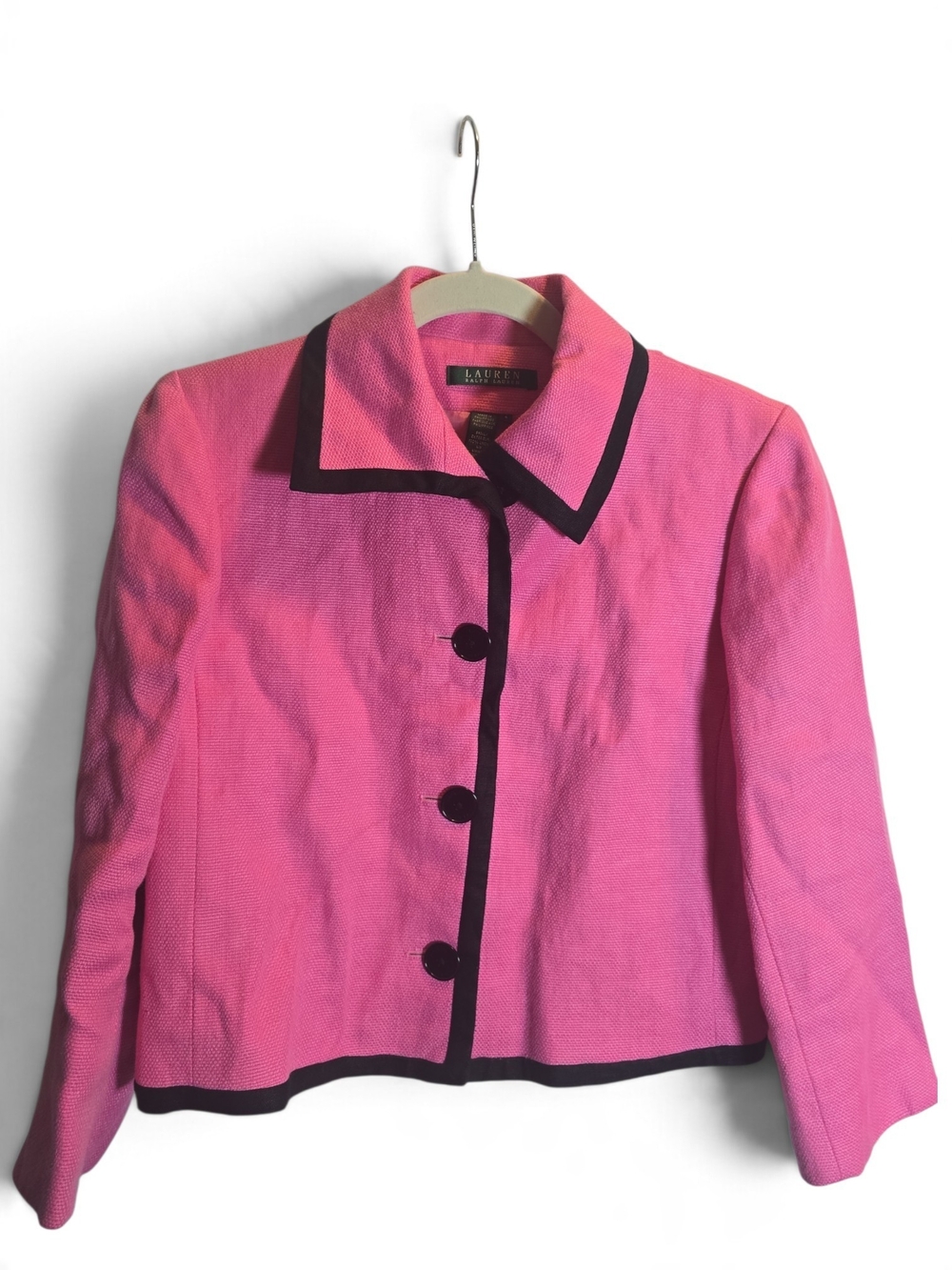 Lauren Ralph Lauren Pink Cropped Button-Front Jacket with Black Trim